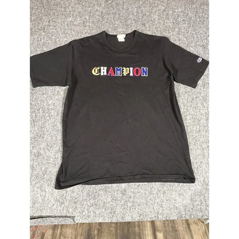 Vintage Champion Shirt Mens 2XL Black Embroidered Script Colorful Crew‎ Neck